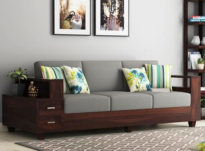 Wopno Furniture Sheesham Wooden 3 Seater Sofa for Living Room | Solid Wood Sofa with Side Box Storage & Cushion | Rosewood Sofa Set for Home & Office | Lounge (Walnut, 3 Seater)
